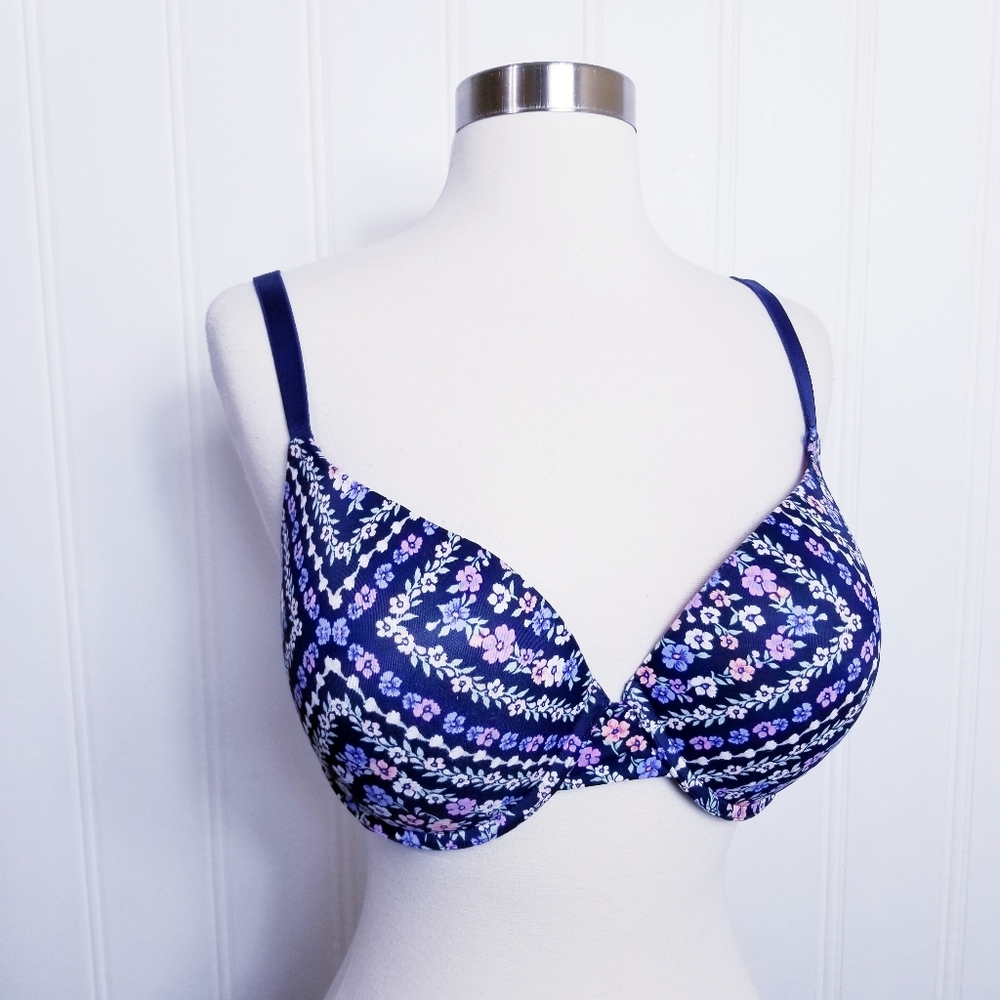 PINK Victoria's Secret Bra Womens Size 36DD Blue Floral Print Push Up Lingerie